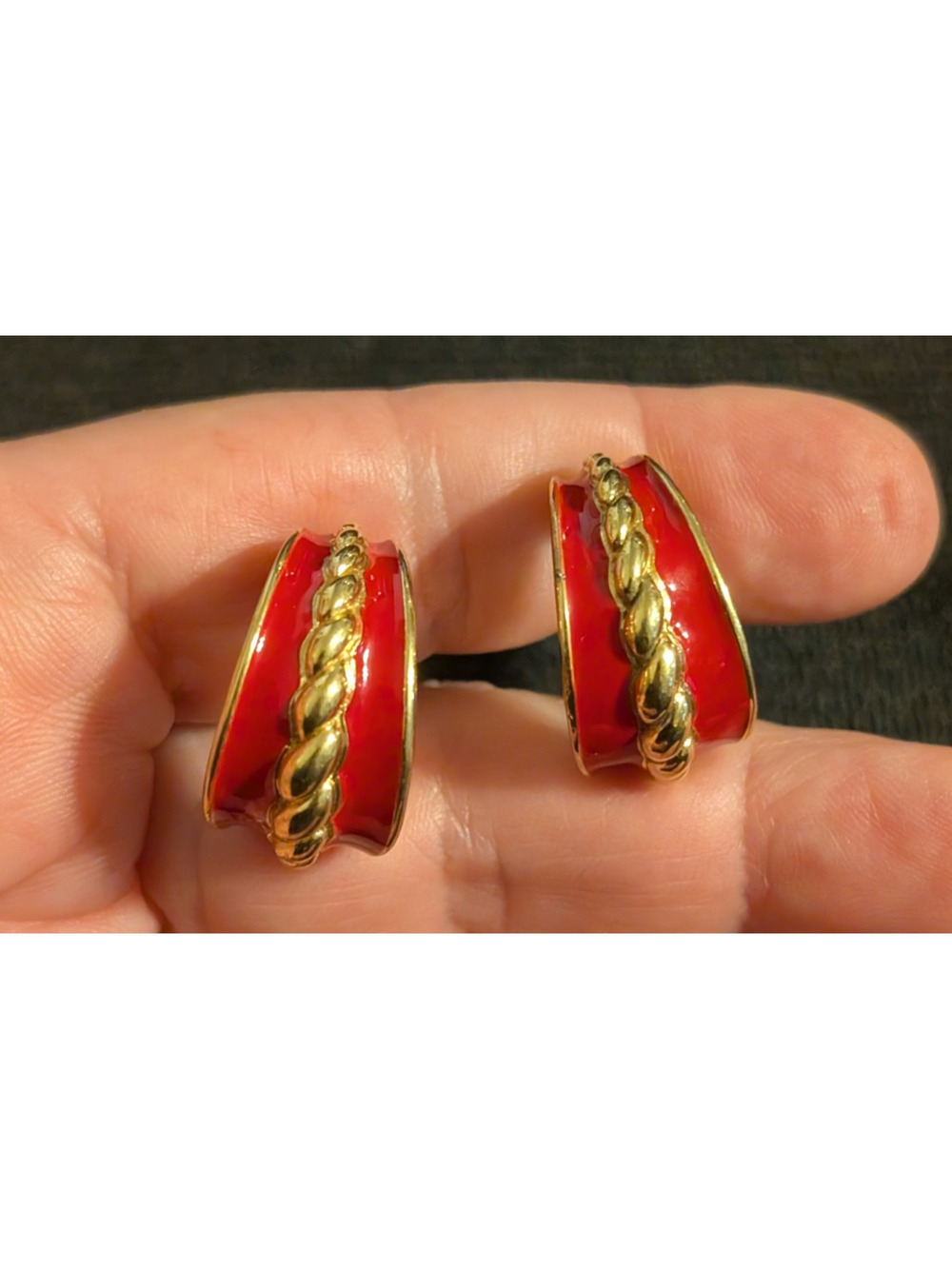Vintage Monet‎ Hoop Clip-on Earrings Red & God Enamel 7/8" Designer rc-85